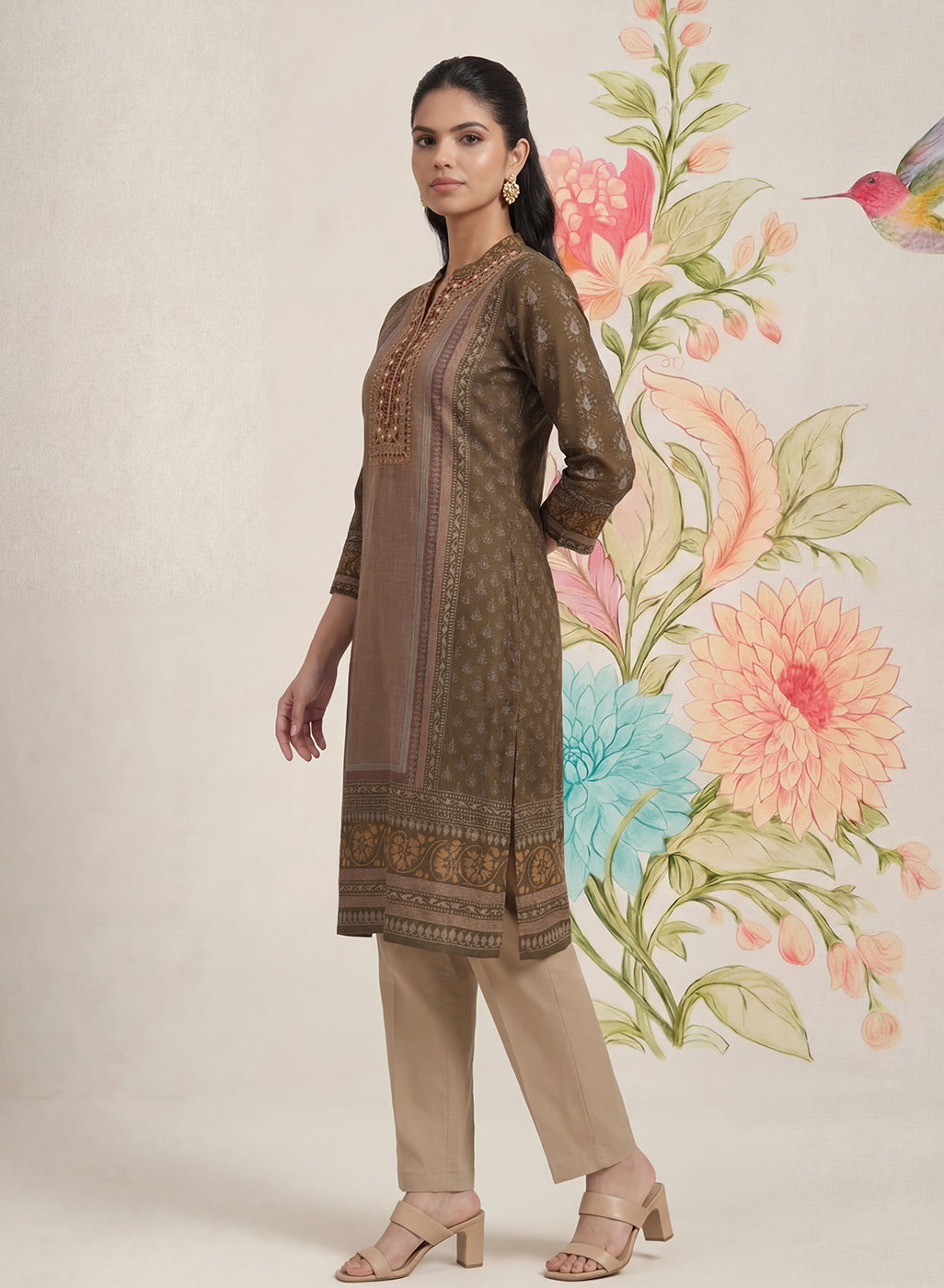 Moor Olive Printed Long Kurta