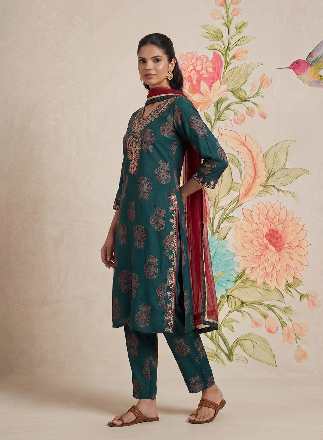 Teal Printed Cotton Blend Suit Set with Dupatta