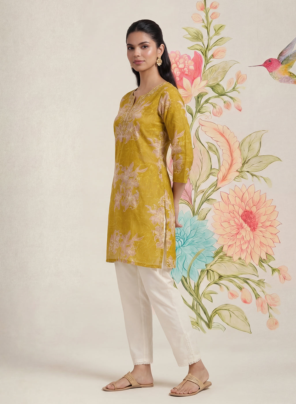 Aboli Mustard Floral Printed Straight Kurti