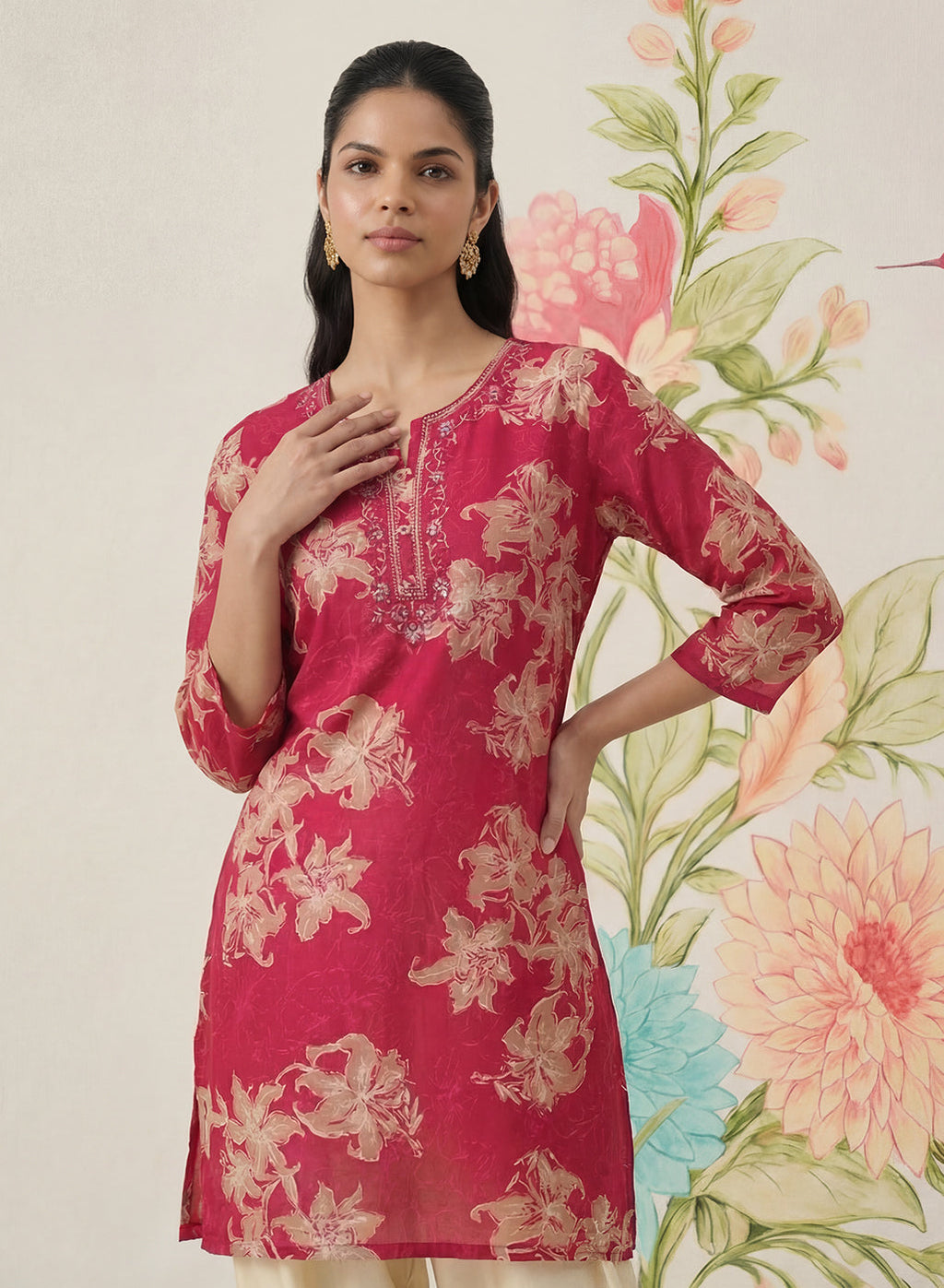 Aboli Red Floral Printed Straight Kurti