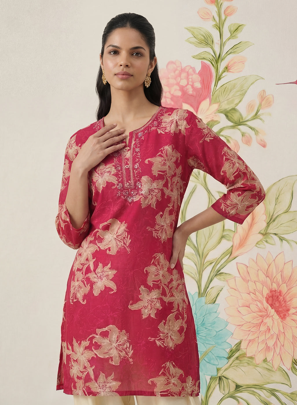 Aboli Red Floral Printed Straight Kurti