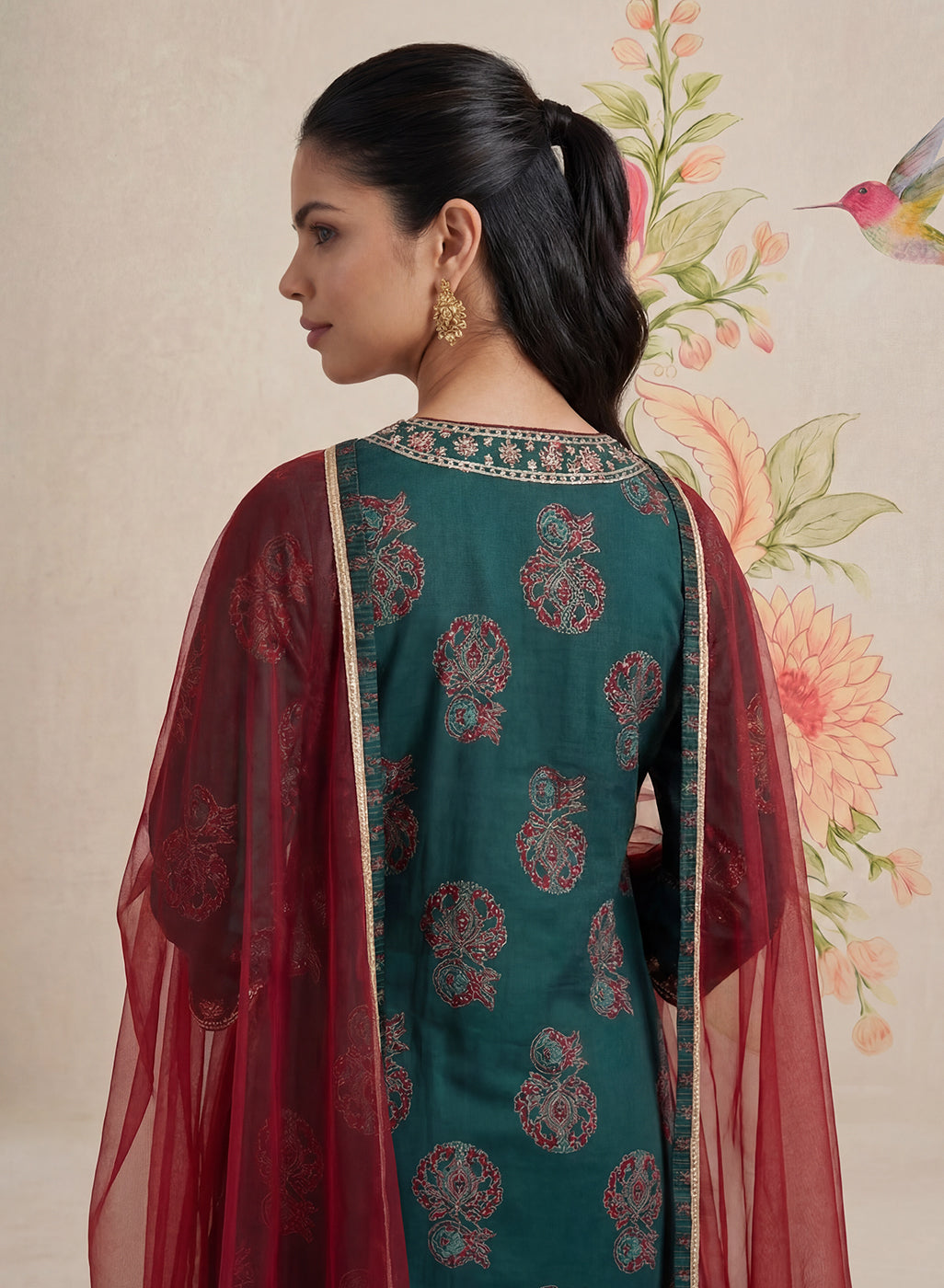 Teal Printed Cotton Blend Suit Set with Dupatta