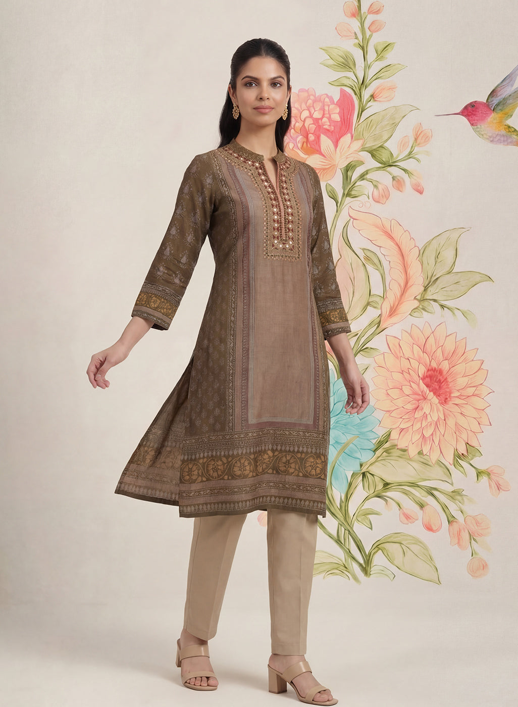 Moor Olive Printed Long Kurta