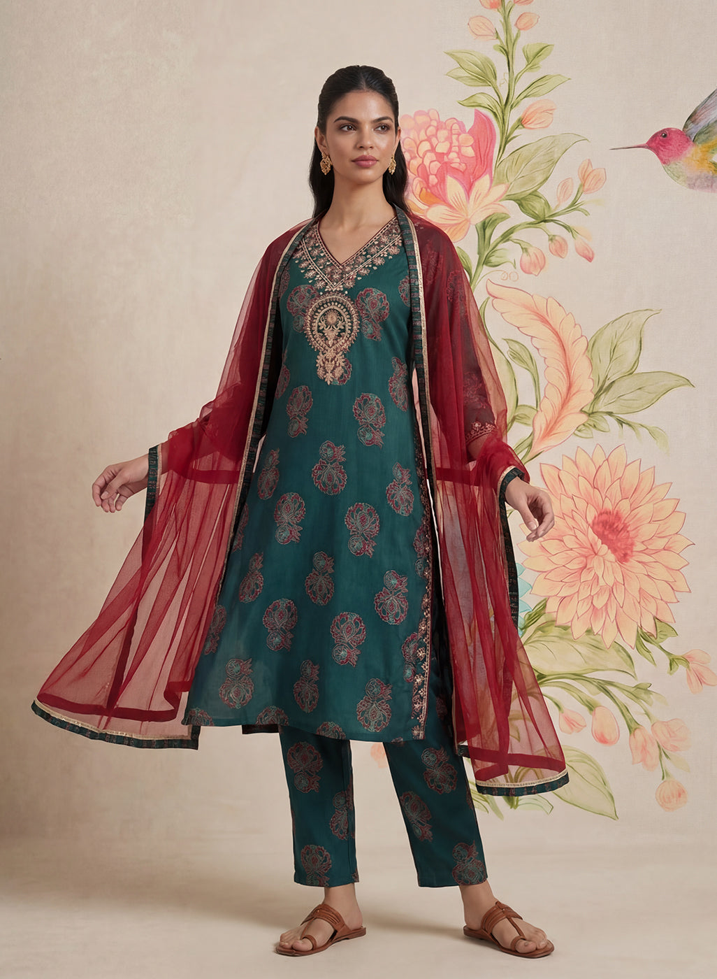 Teal Printed Cotton Blend Suit Set with Dupatta