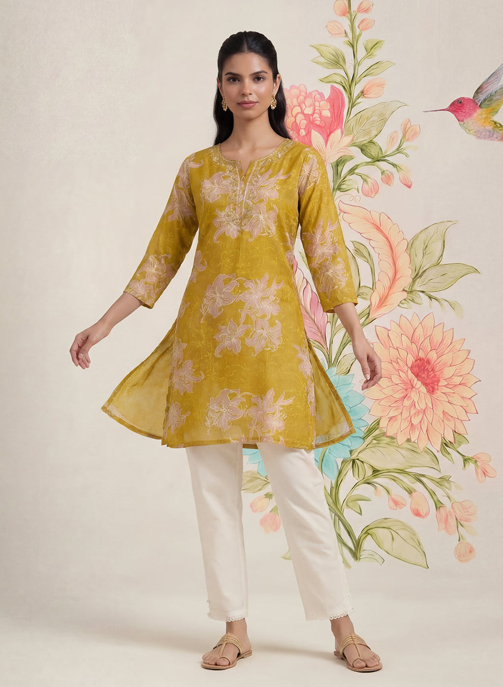 Aboli Mustard Floral Printed Straight Kurti
