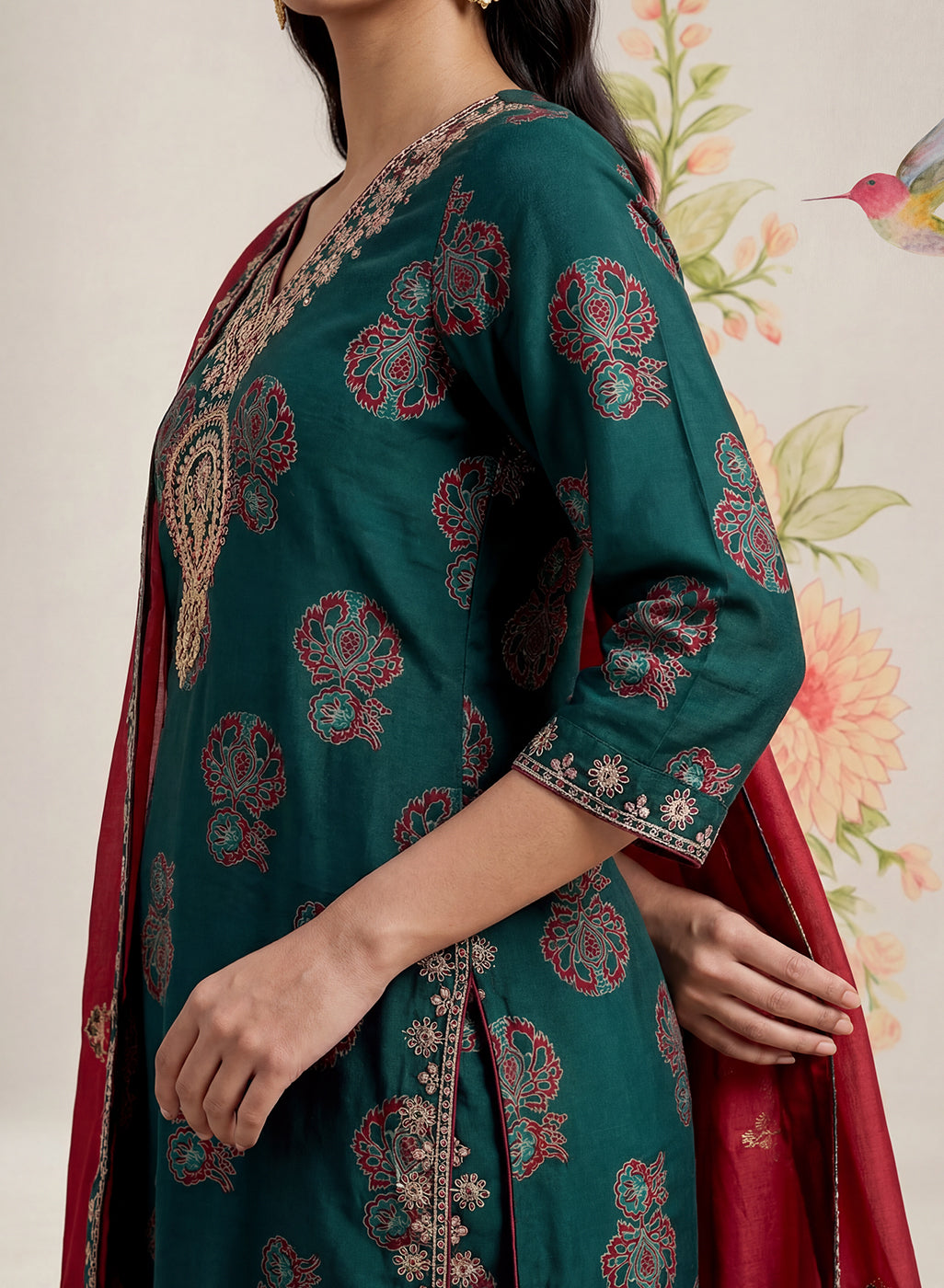 Teal Printed Cotton Blend Suit Set with Dupatta