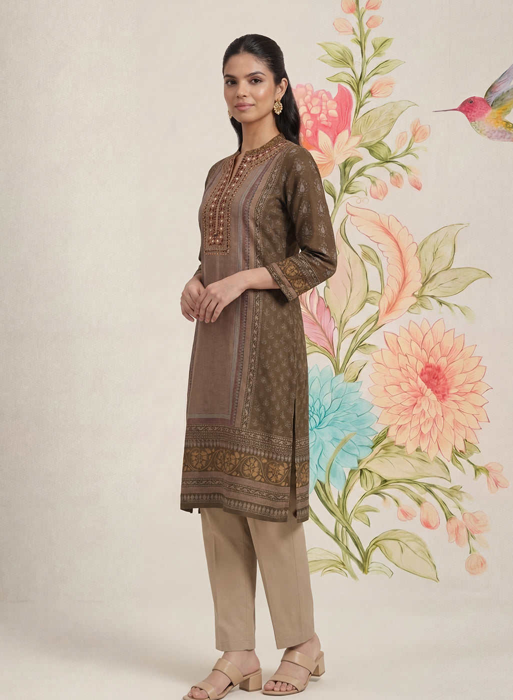 Moor Olive Printed Long Kurta