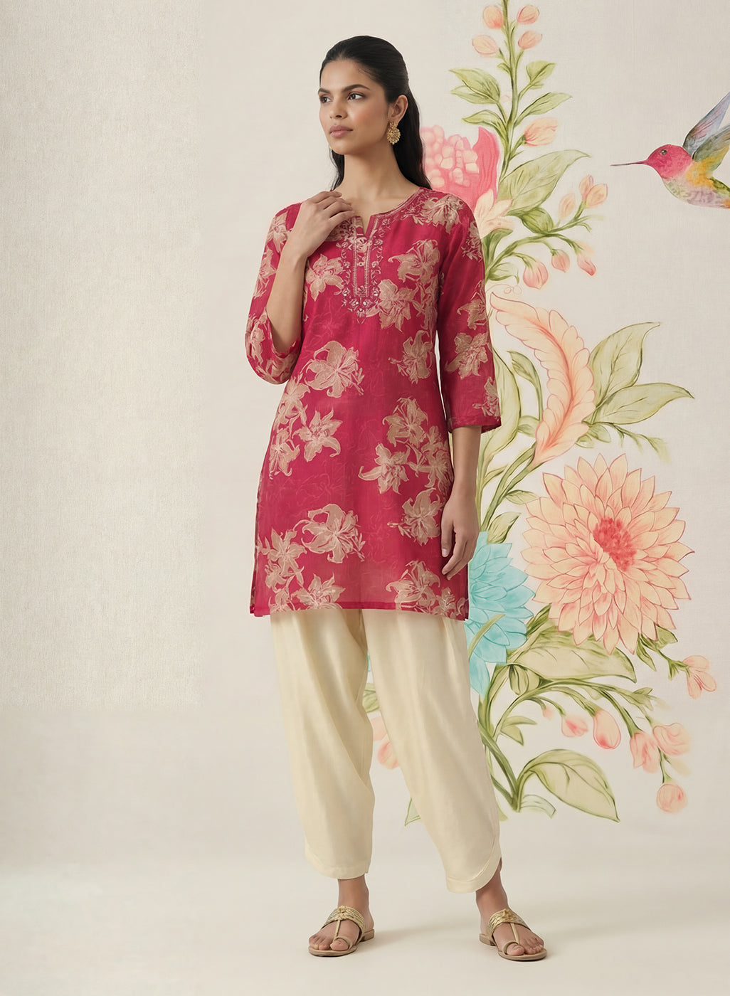 Aboli Red Floral Printed Straight Kurti