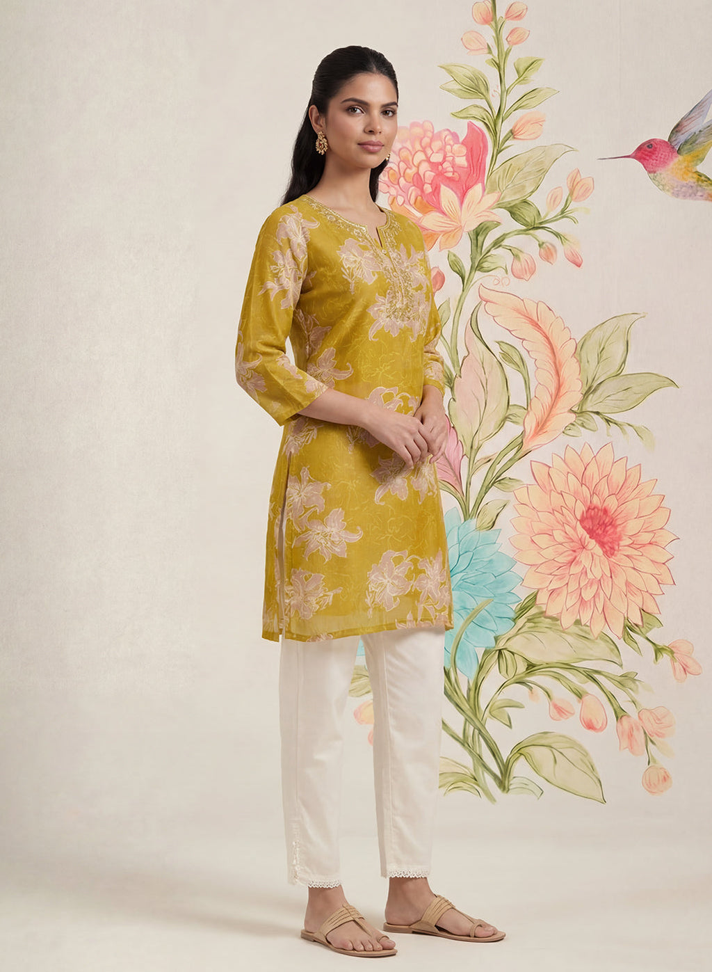 Aboli Mustard Floral Printed Straight Kurti