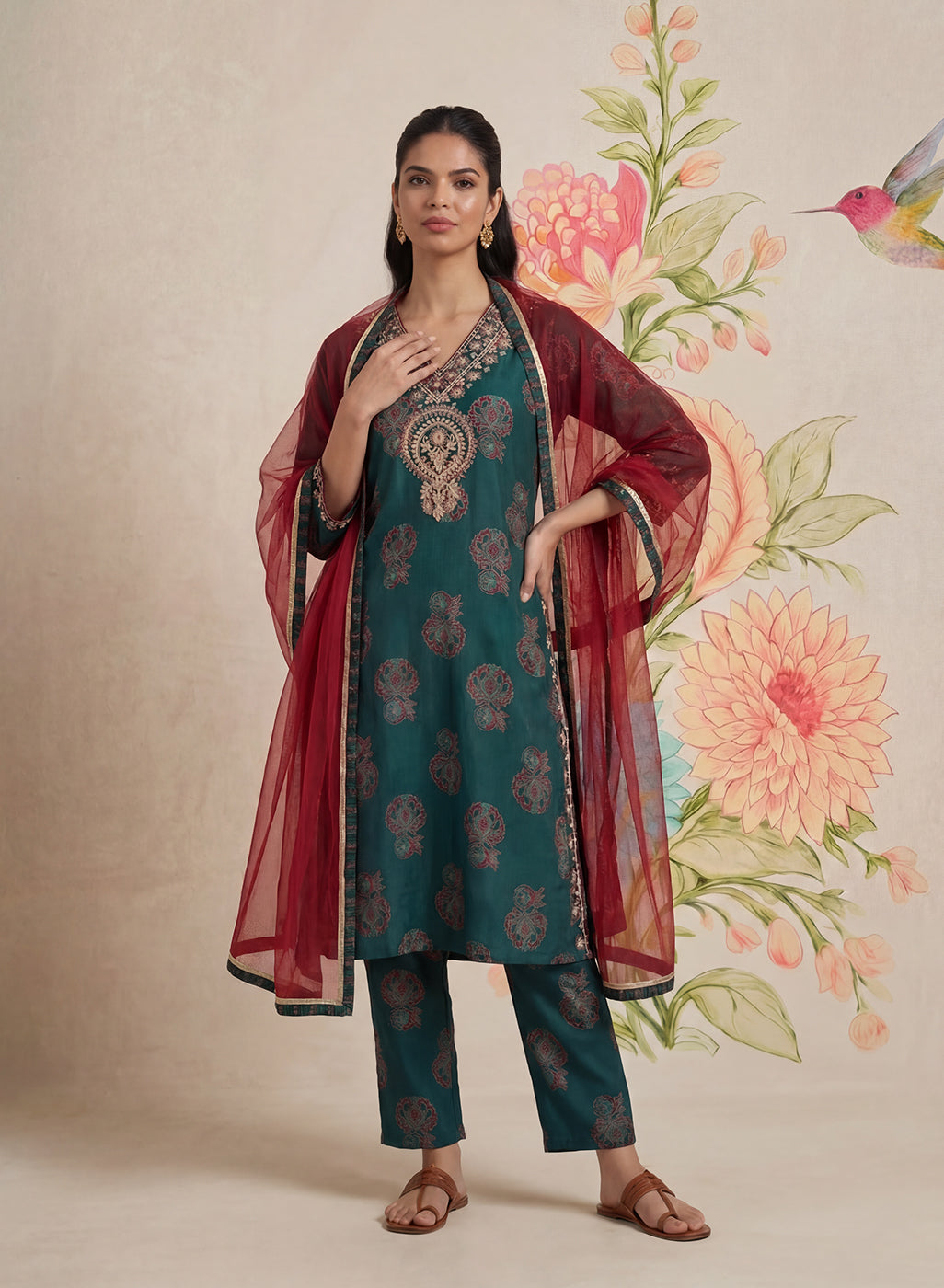 Teal Printed Cotton Blend Suit Set with Dupatta