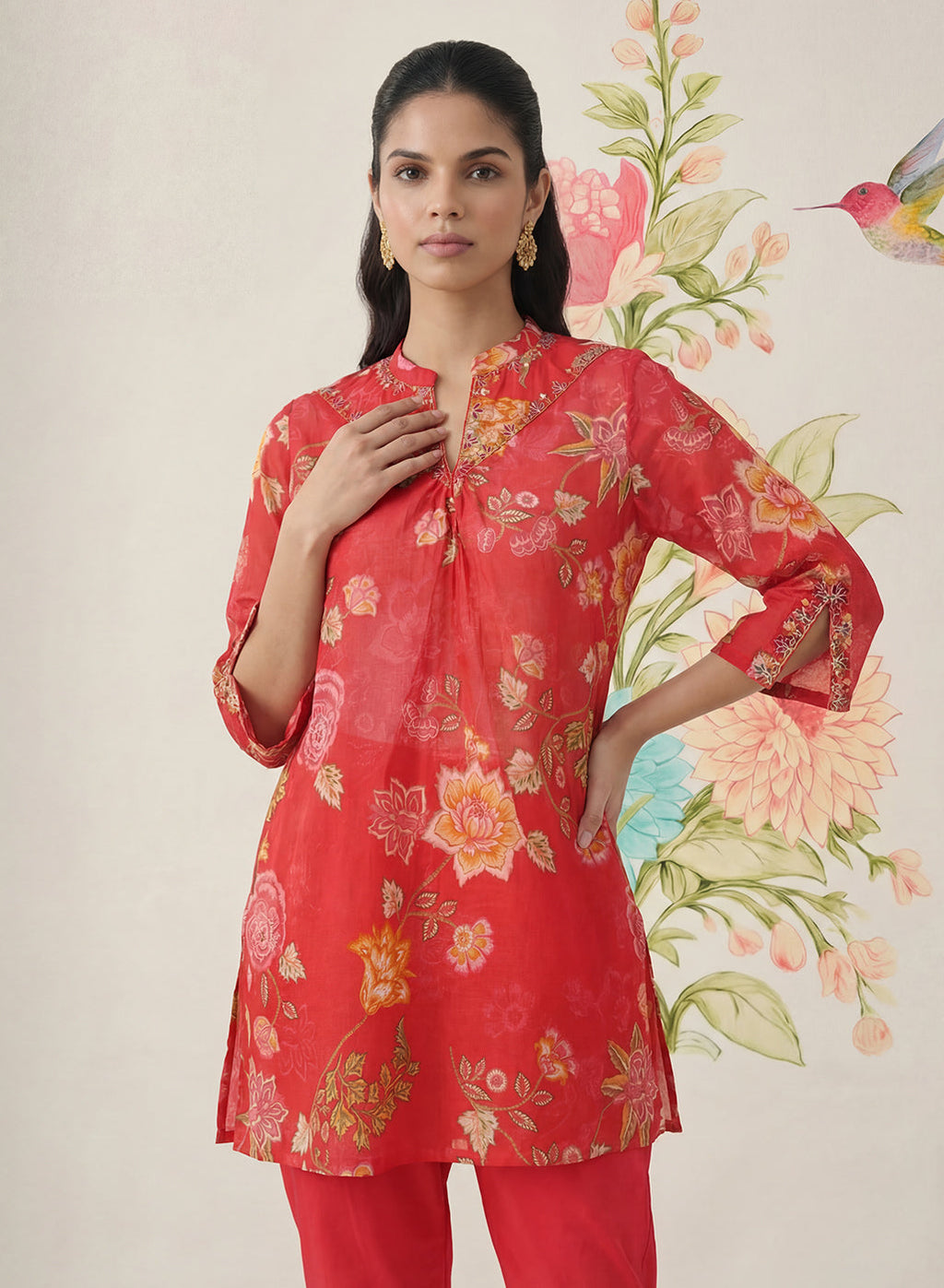 Chandrika Red Floral Printed Cotton Co-ord Set