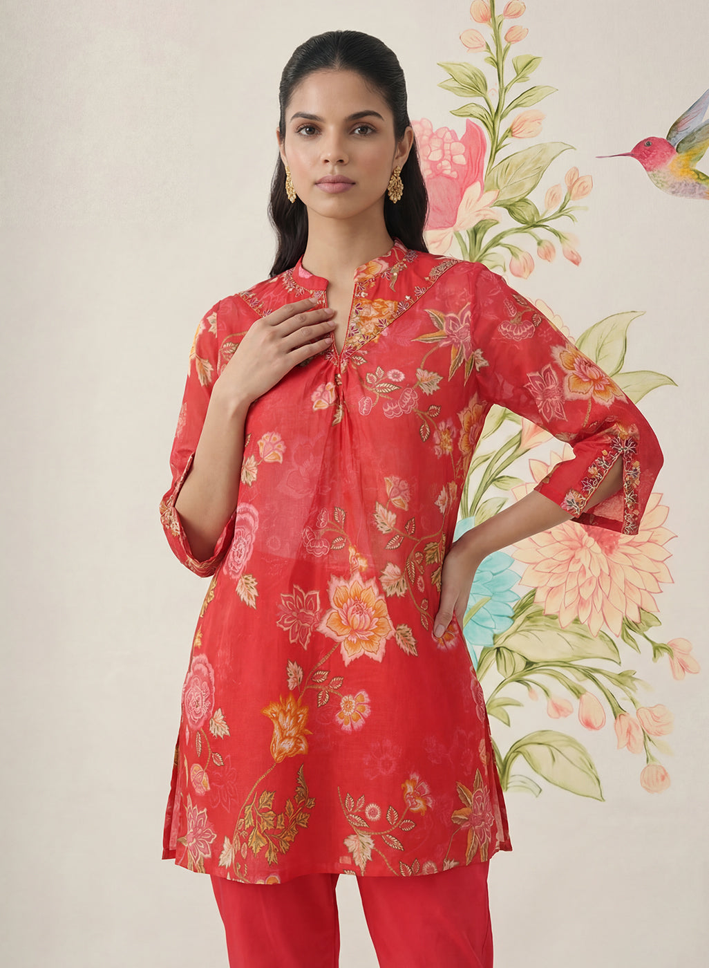 Chandrika Red Floral Printed Cotton Co-ord Set