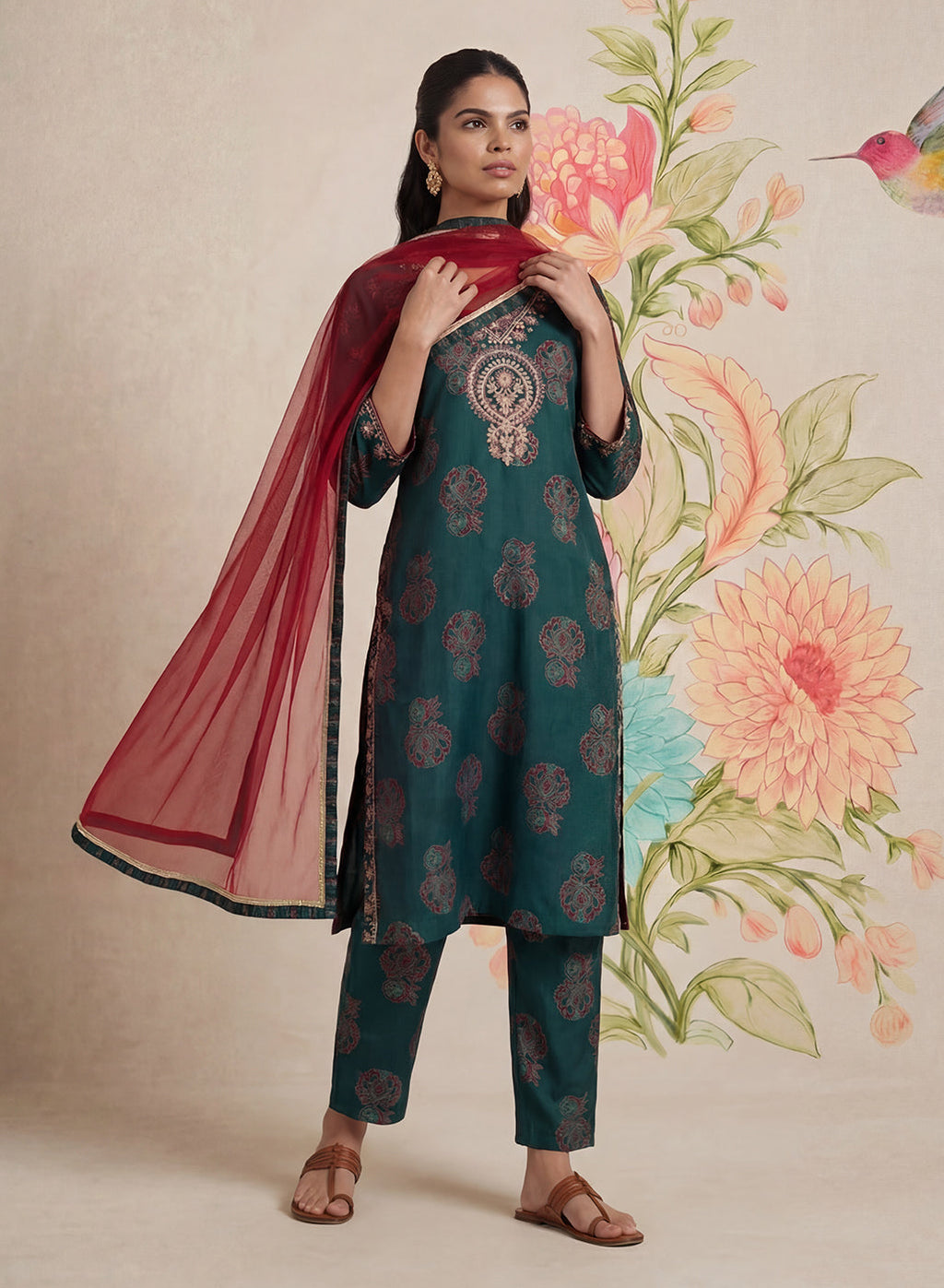 Teal Printed Cotton Blend Suit Set with Dupatta