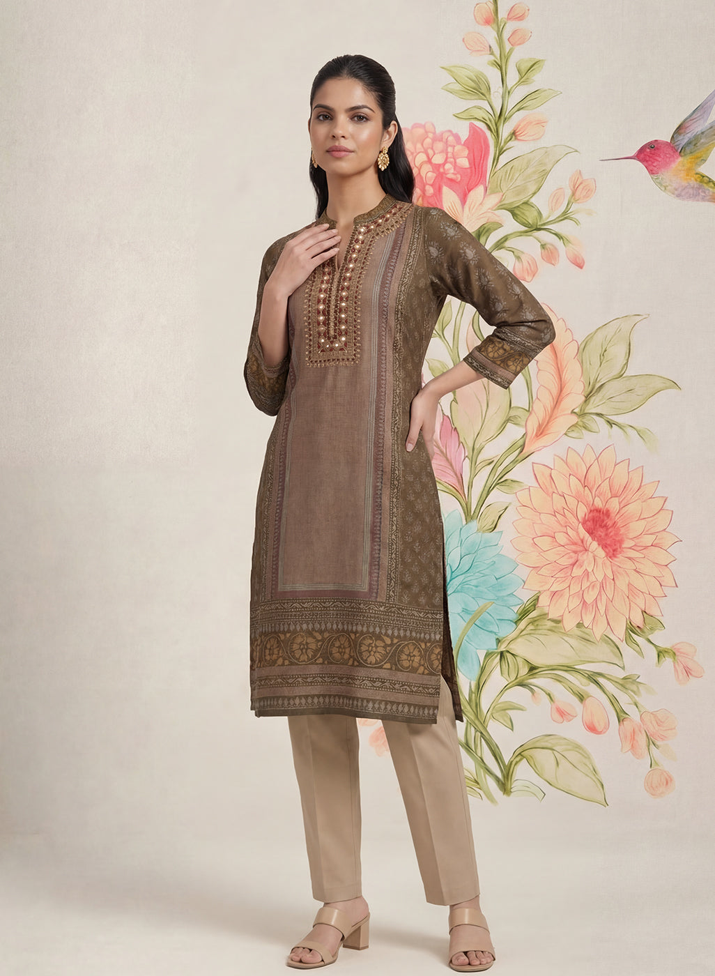 Moor Olive Printed Long Kurta
