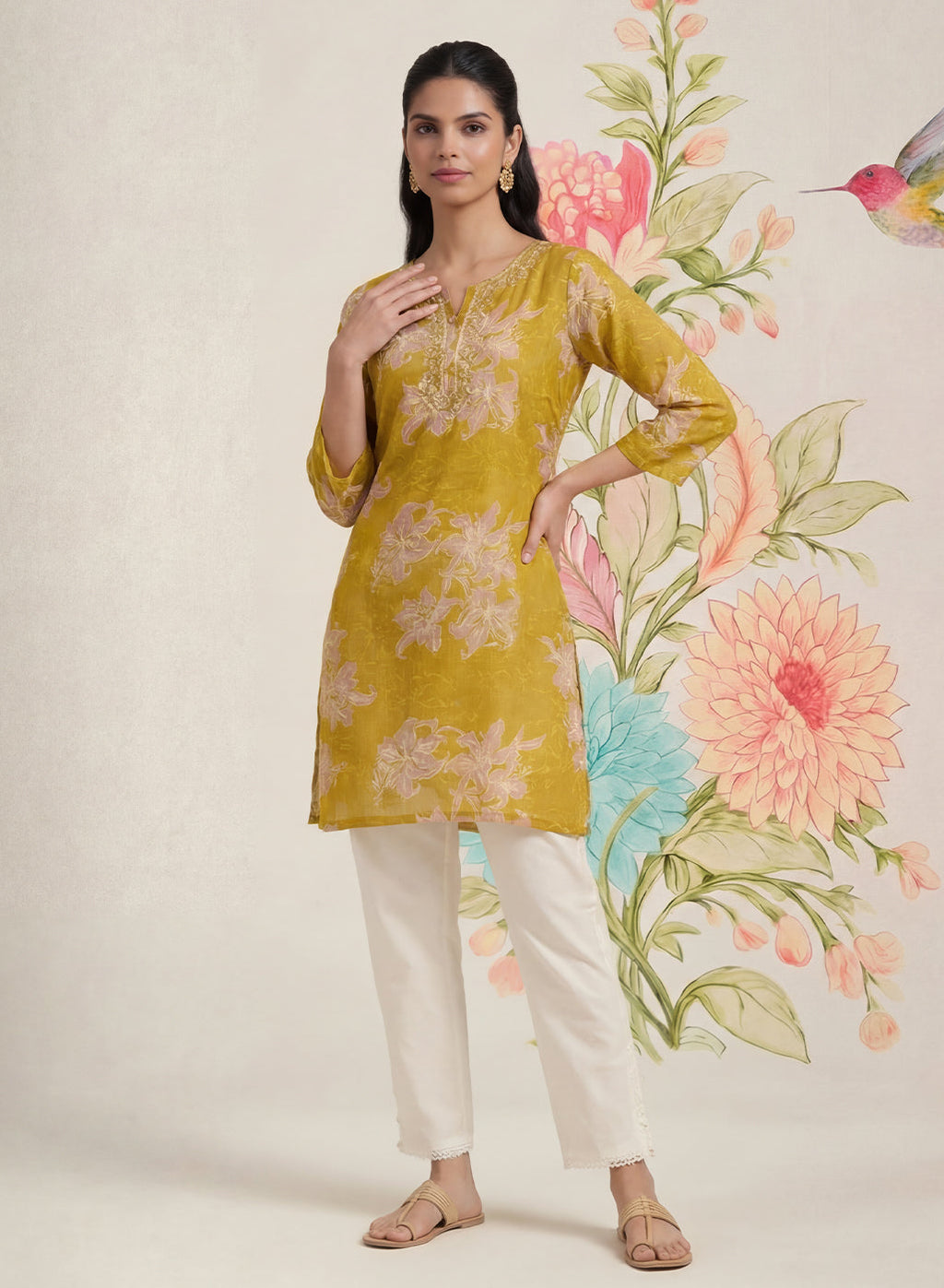 Aboli Mustard Floral Printed Straight Kurti