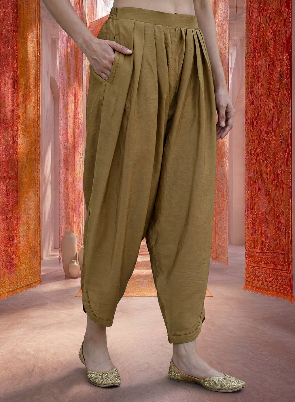 Beige Satin Relaxed Fit Salwar