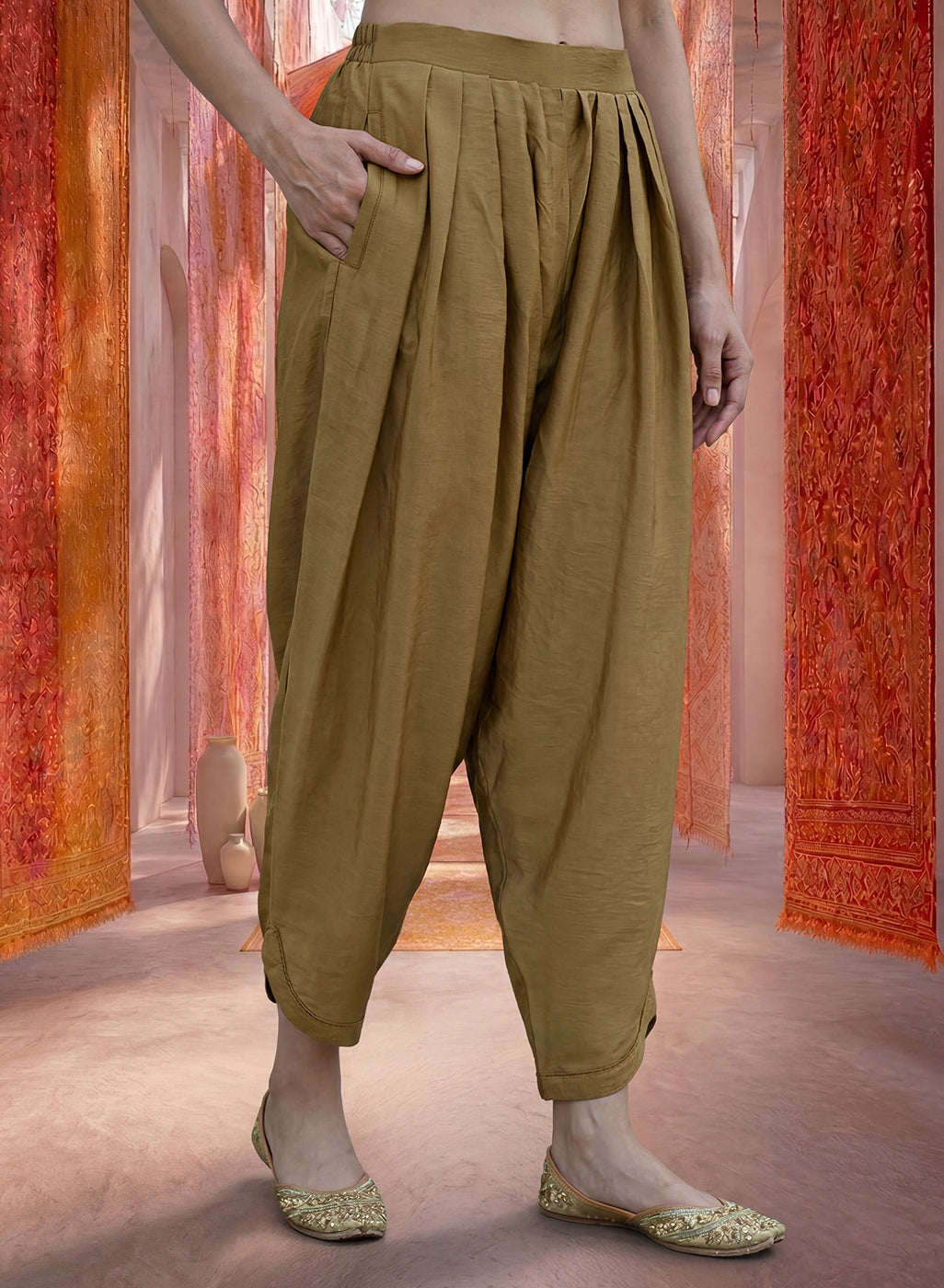 Beige Satin Relaxed Fit Salwar