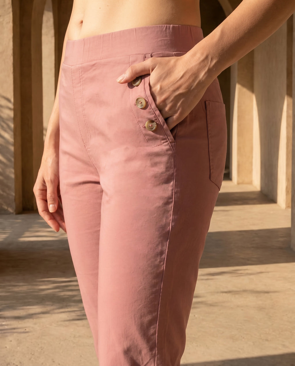 Pink Cotton Blend Tapered Fit Capri