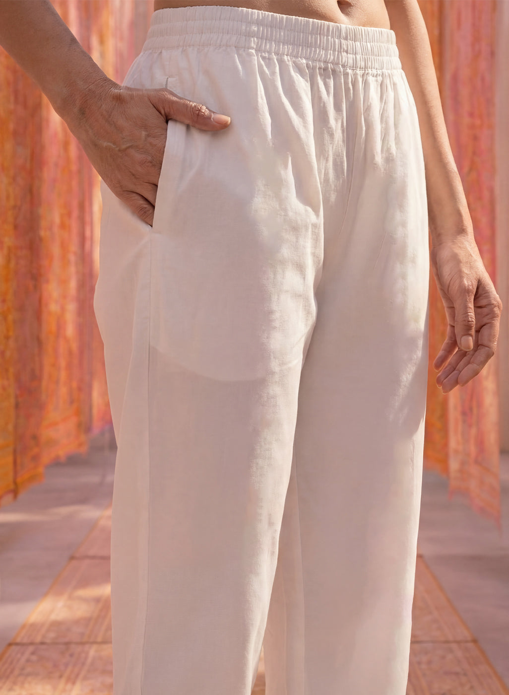White Lycra Embroidered Straight-Fit Palazzos