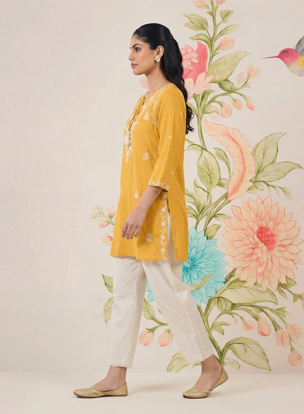 Afiya Yellow Cotton Blend Embroidered Kurti
