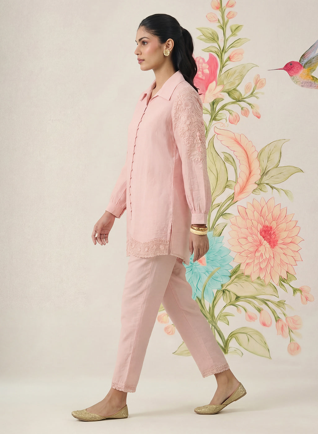 Pink Embroidered Linen Co-ord Set
