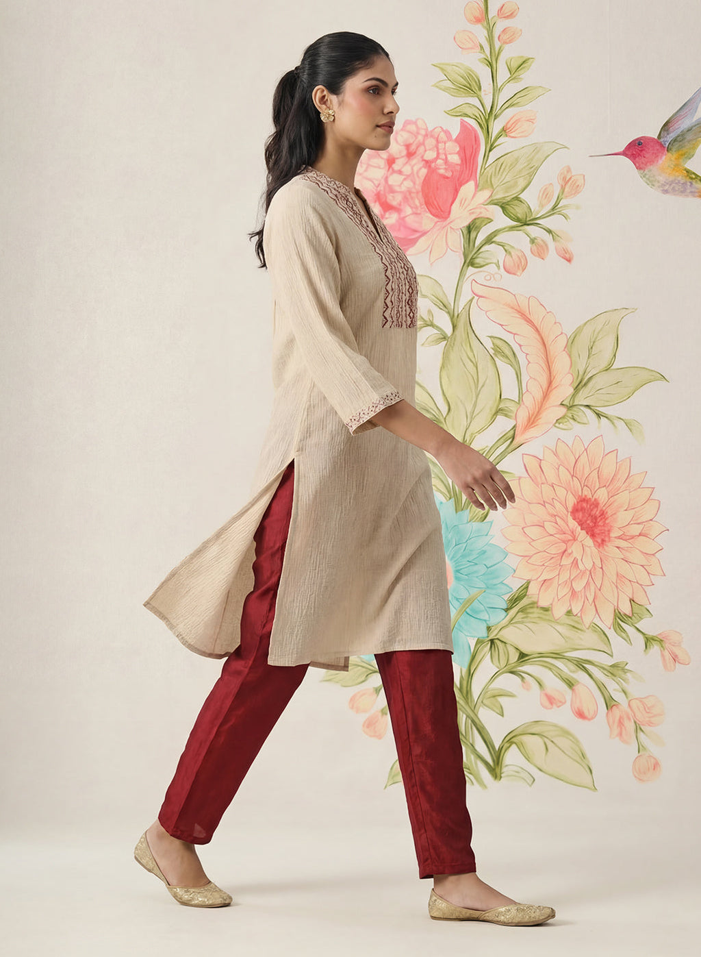 Aviya Beige Cotton Blend Embroidered Straight Kurta