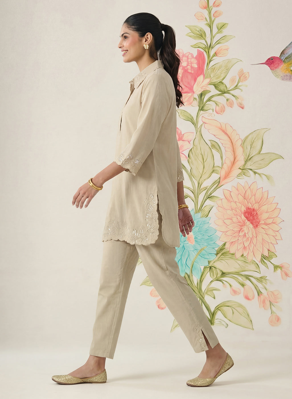Nayra Beige Embroidered Linen Co-ord Set