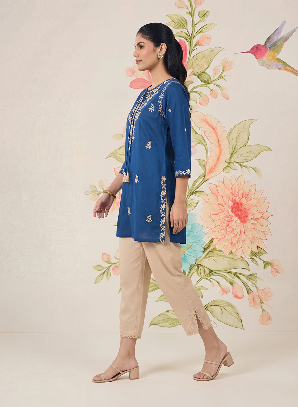 Afiya Blue Cotton Blend Embroidered Kurti
