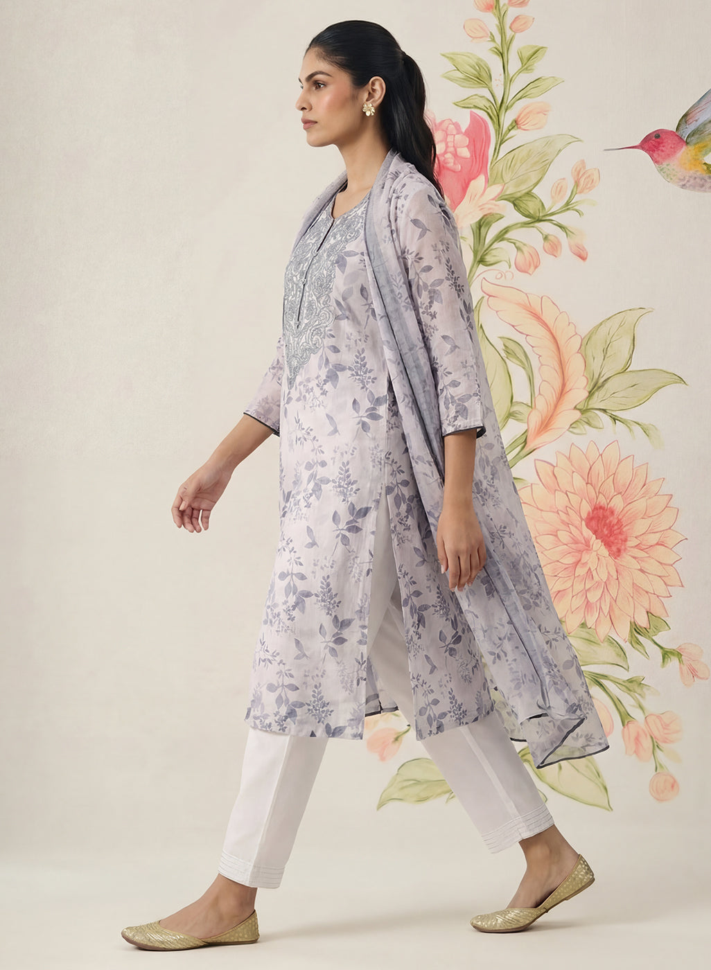 Kavya Grey Printed Chanderi Suit Set with Dupatta