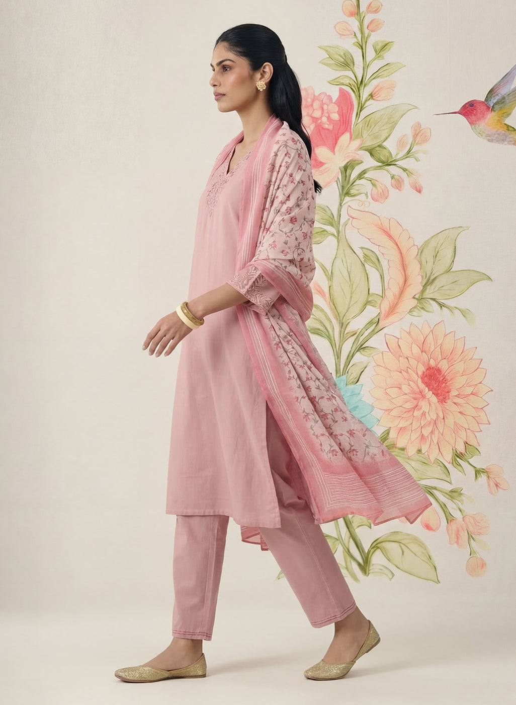 Afsana Pink Cotton Bend Embroidered A-line Suit Set with Dupatta