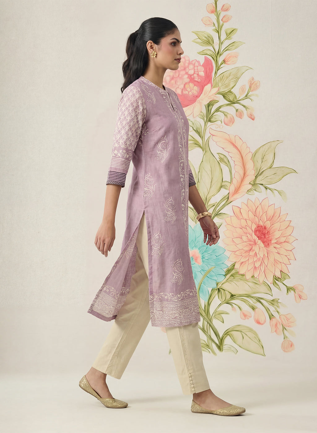 Arpora Lavender Printed Linen Straight Kurta