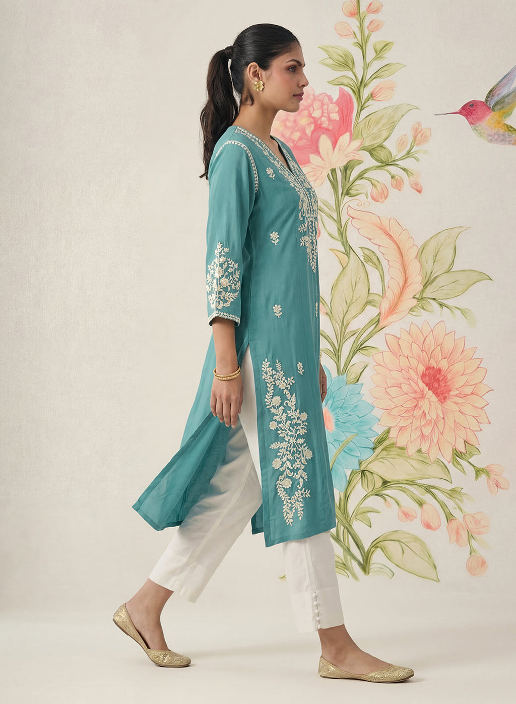 Yashvi Turquoise Cotton Blend Embroidered Kurta