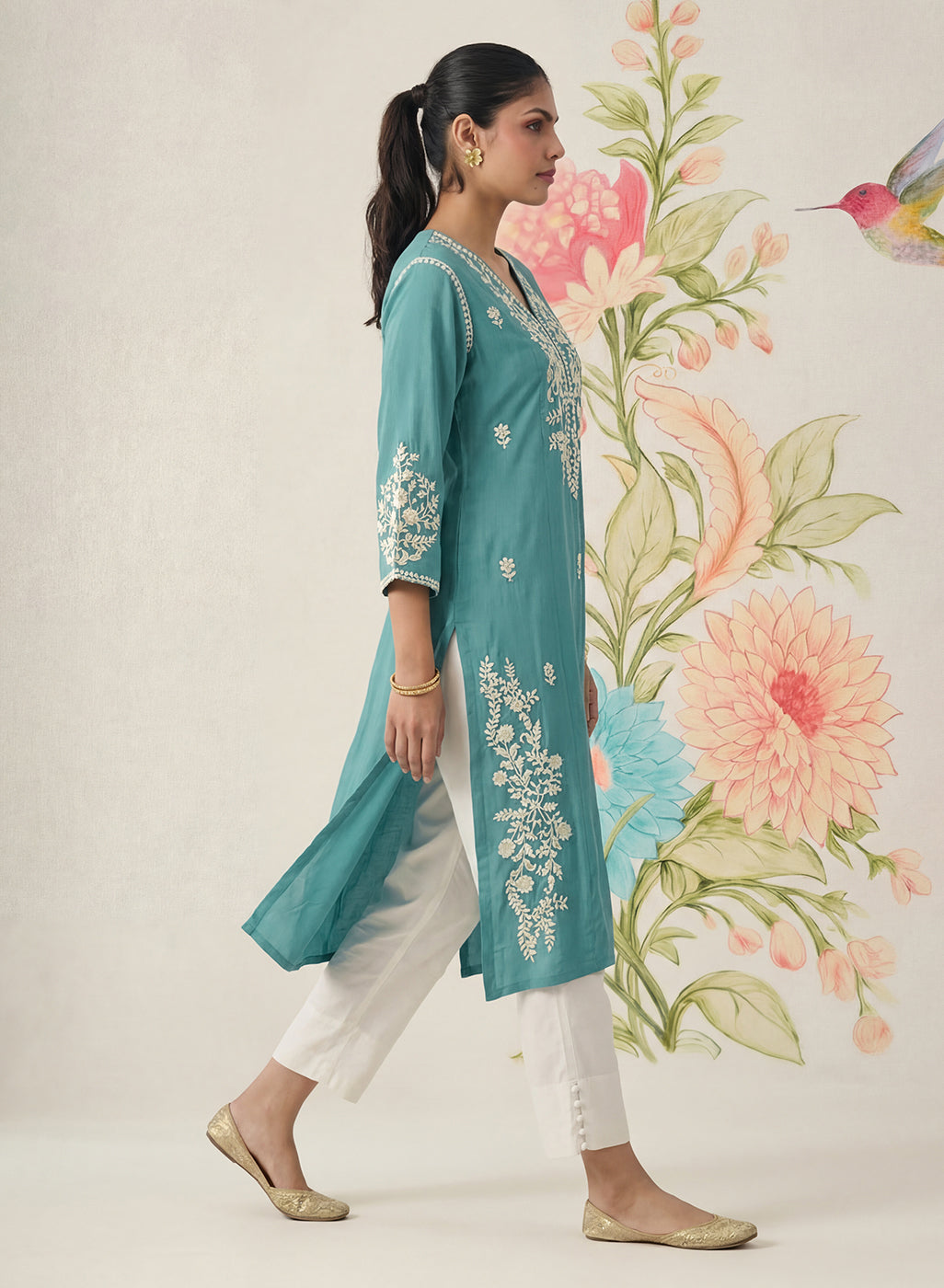 Yashvi Turquoise Cotton Blend Embroidered Kurta