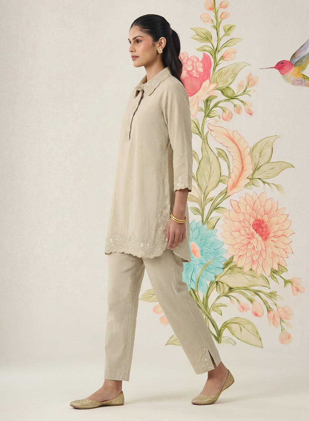 Nayra Beige Embroidered Linen Co-ord Set