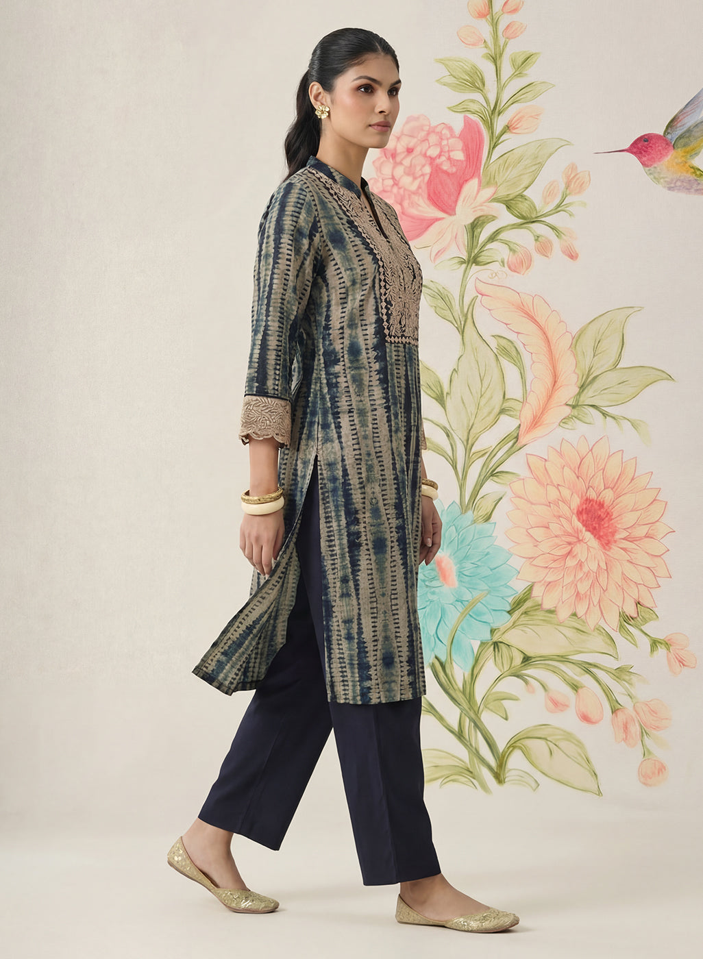 Anika Blue Printed Chanderi Straight Kurta