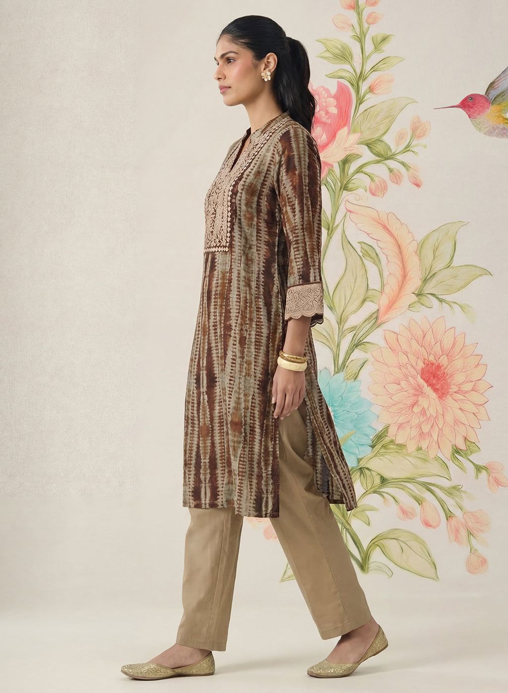 Anika Brown Printed Chanderi Straight Kurta