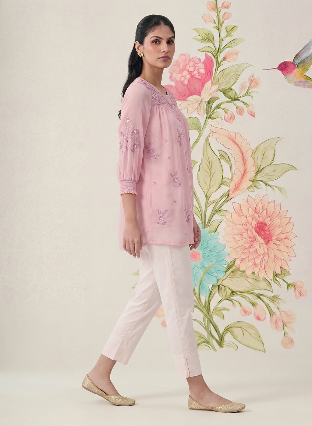 Savera Baby Pink Embroidered Chiffon A-line Top