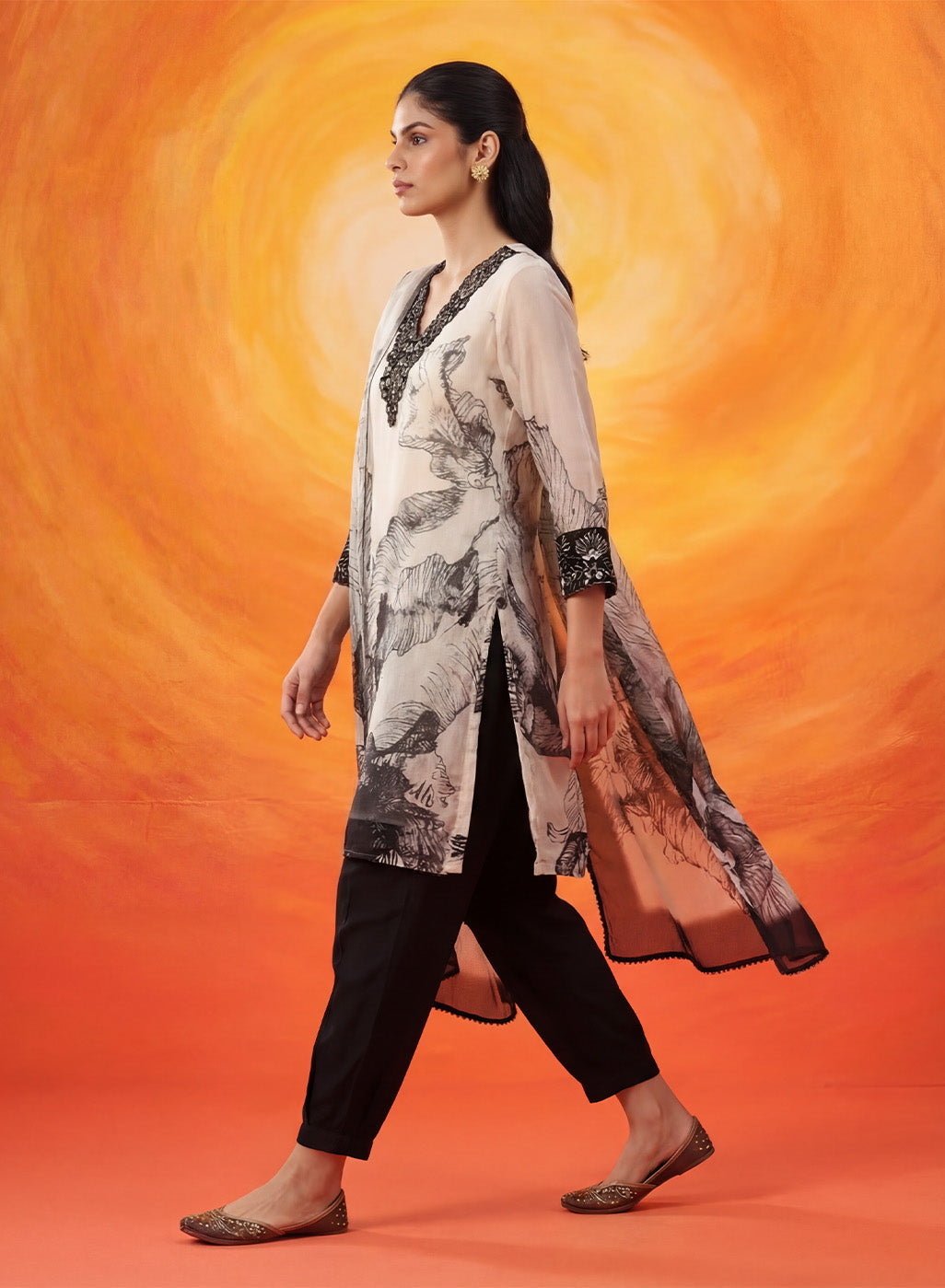 Elaf Black Printed Organza Suit Set with Dupatta