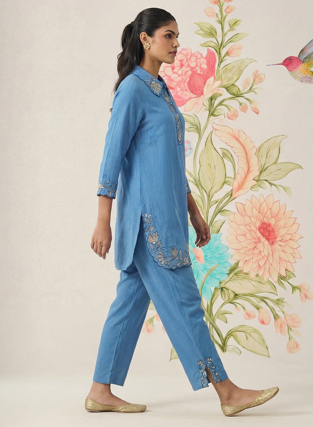 Nayra Blue Embroidered Linen Co-ord Set
