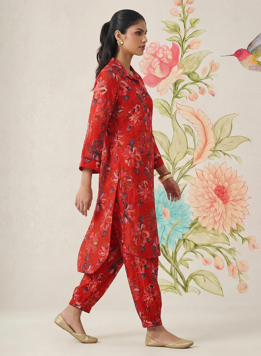 Khumari Red Printed Cotton Blend Co-ord Set