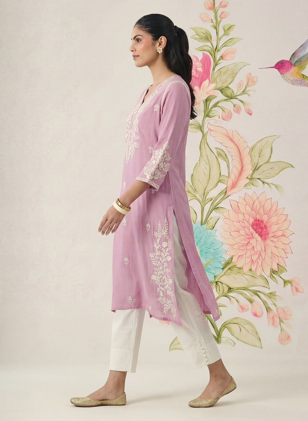 Yashvi Pink Cotton Blend Embroidered Kurta