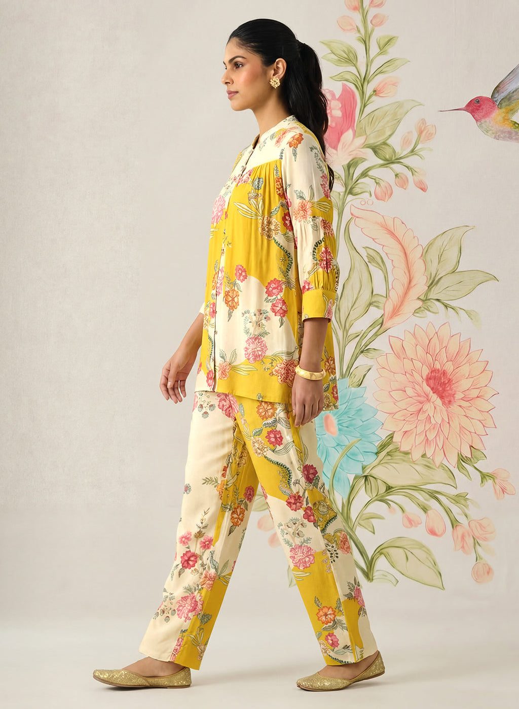 Yamika Yellow Cotton Blend Printed Co-ord Set