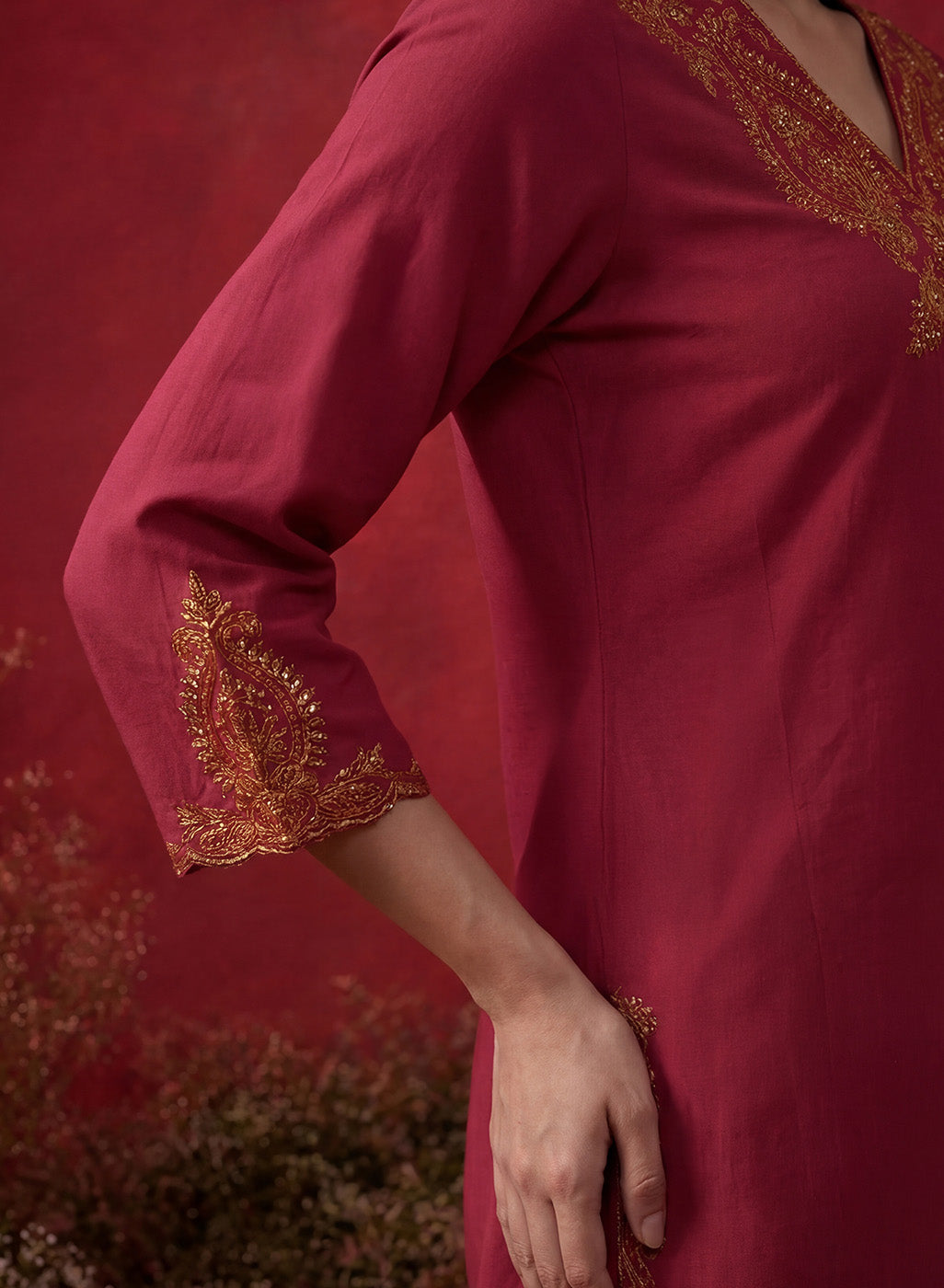 Fuchsia Embroidered Cotton Blend Regular Kurta Set