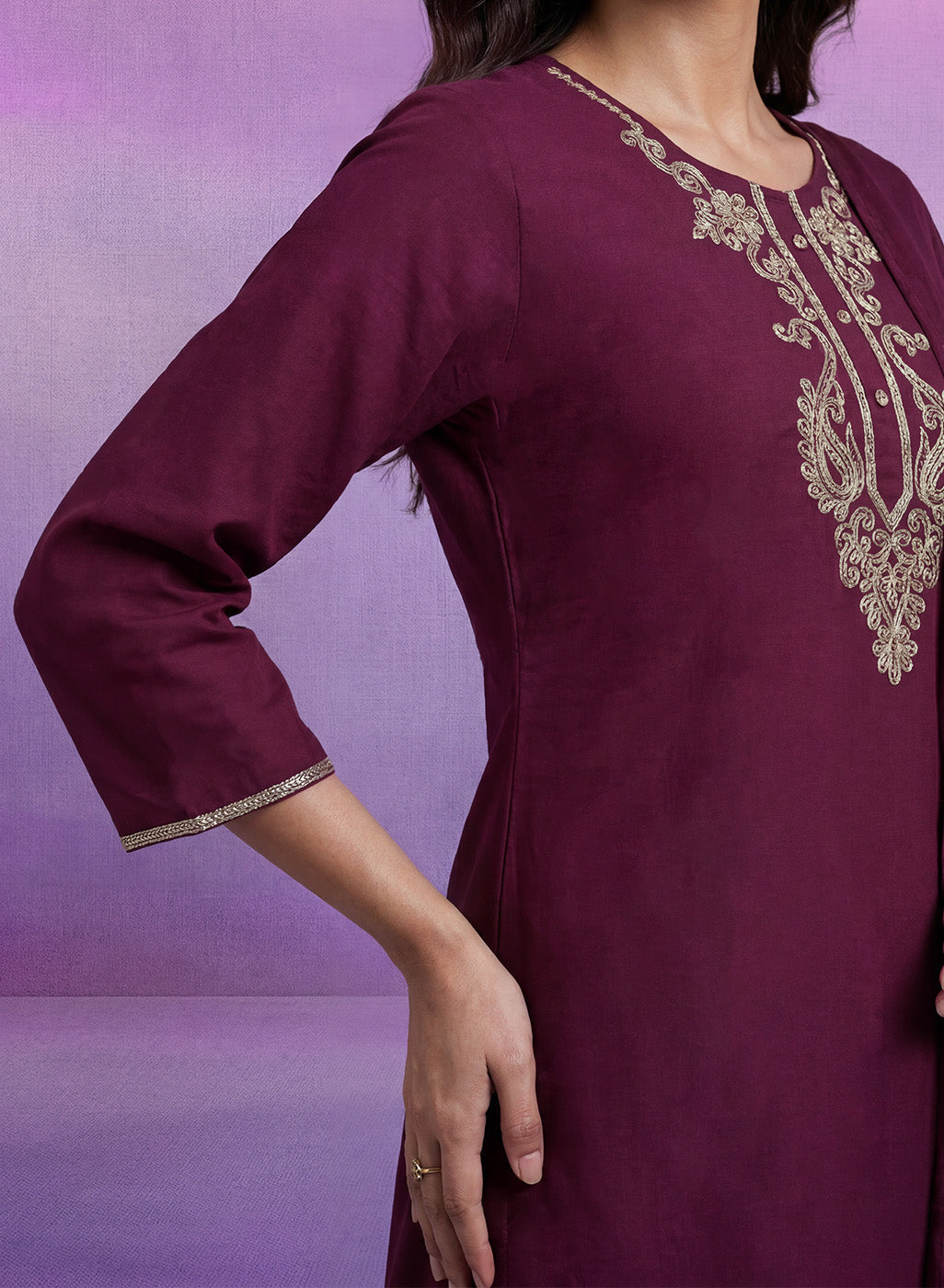 Wine Embroidered Straight Suit Set with Dupatta