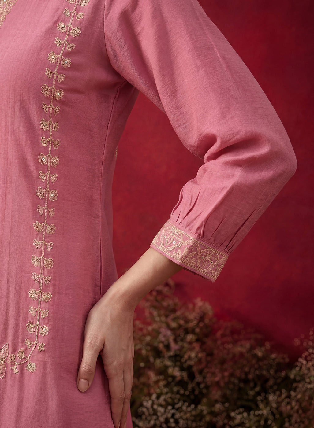 Peach Embroidered Cotton Blend Regular Co-ord Set