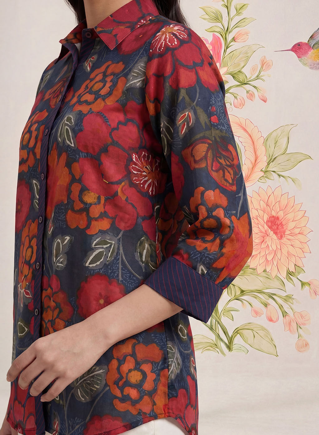 Survani Navy Floral Printed Cotton Shirt