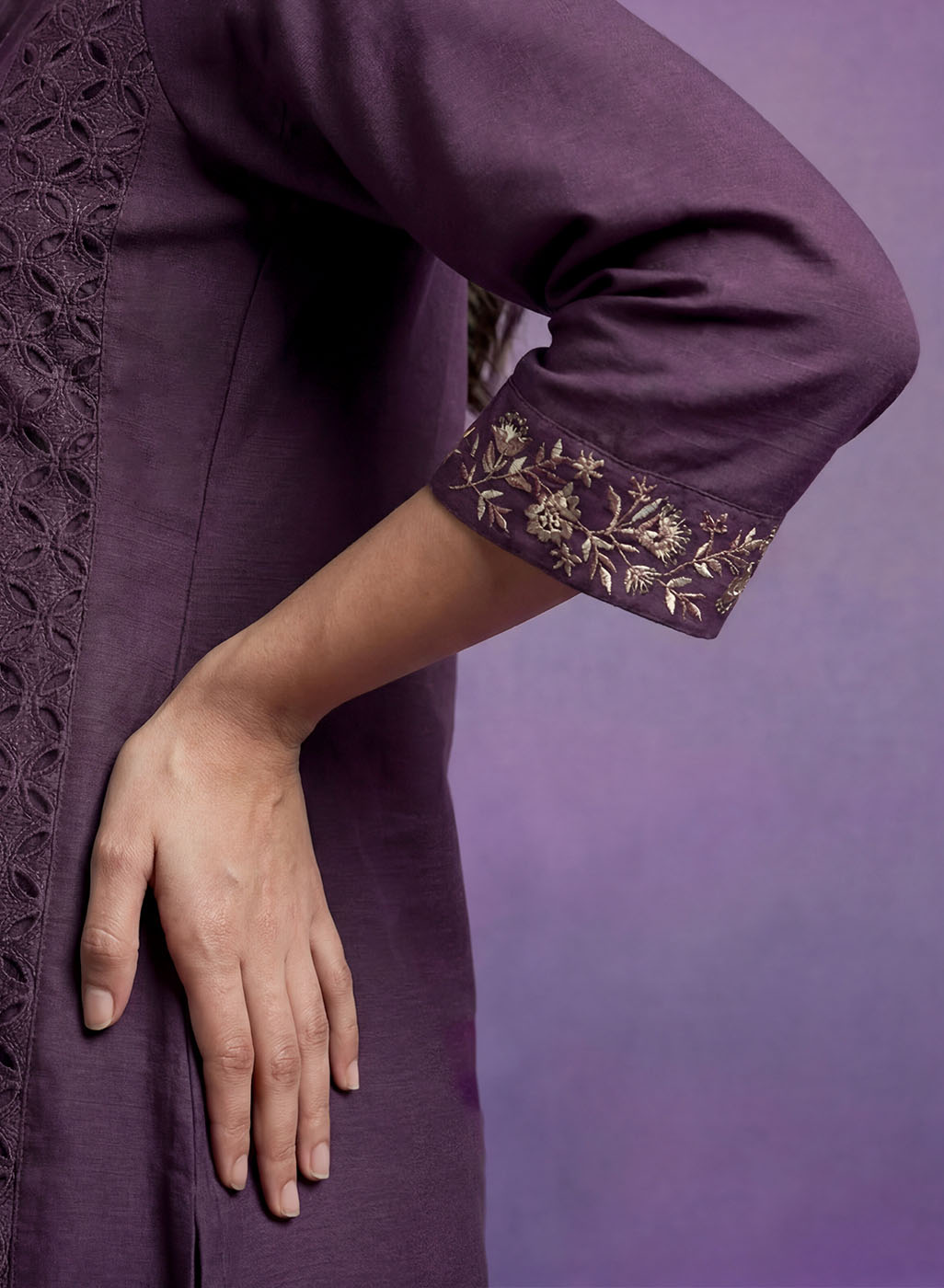Purple Embroidered A-line Kurta Set