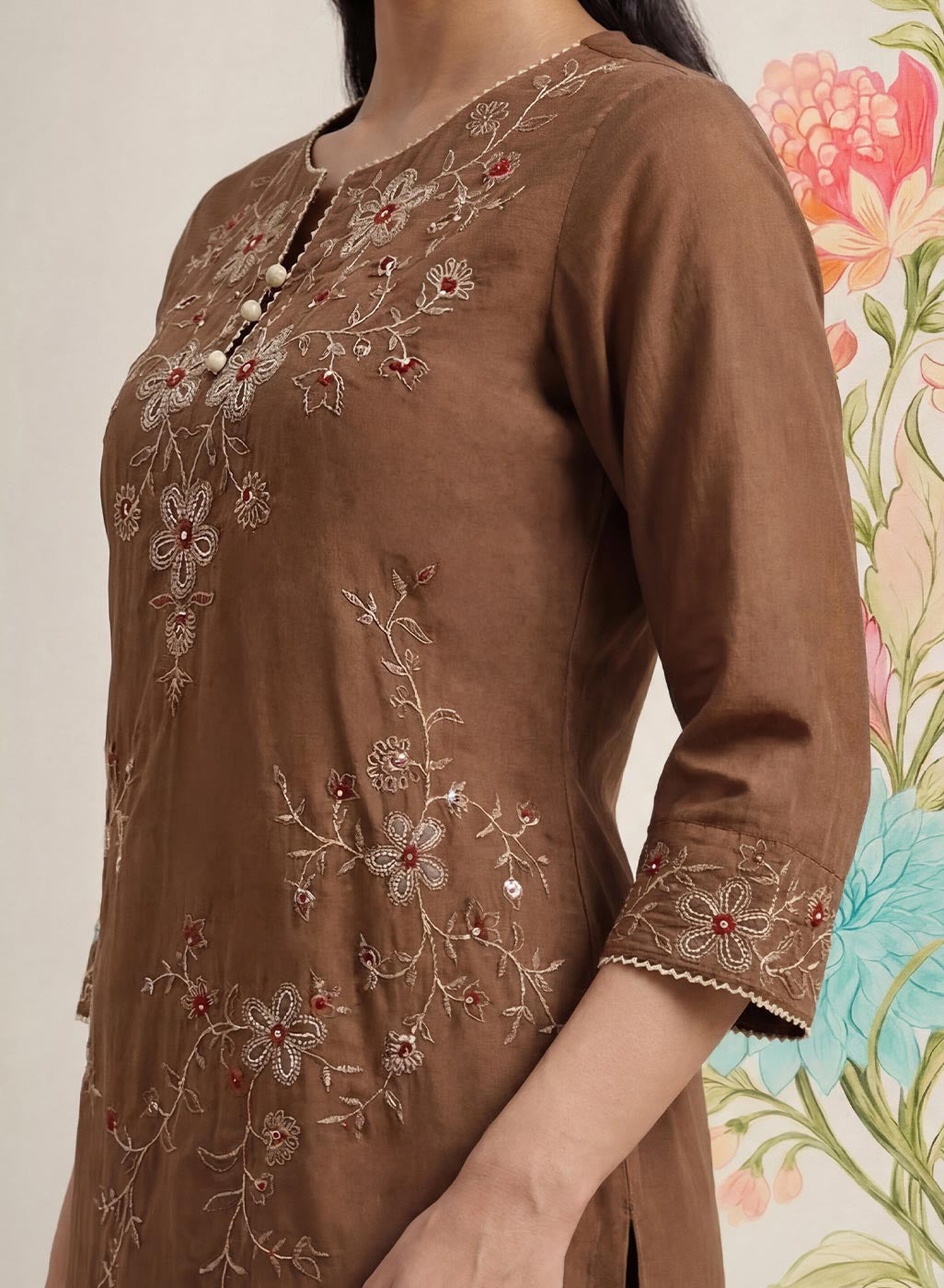 Jogan Brown Embroidered Chanderi Kurta Set