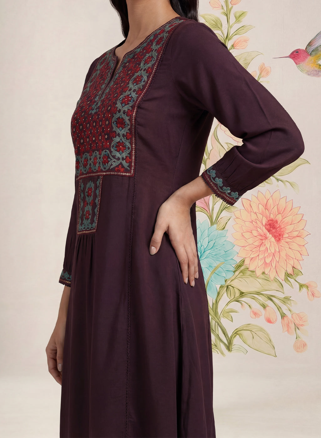 Jugni Wine Embroidered A-line Kurta
