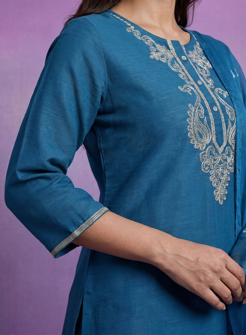 Blue Embroidered Straight Suit Set with Dupatta
